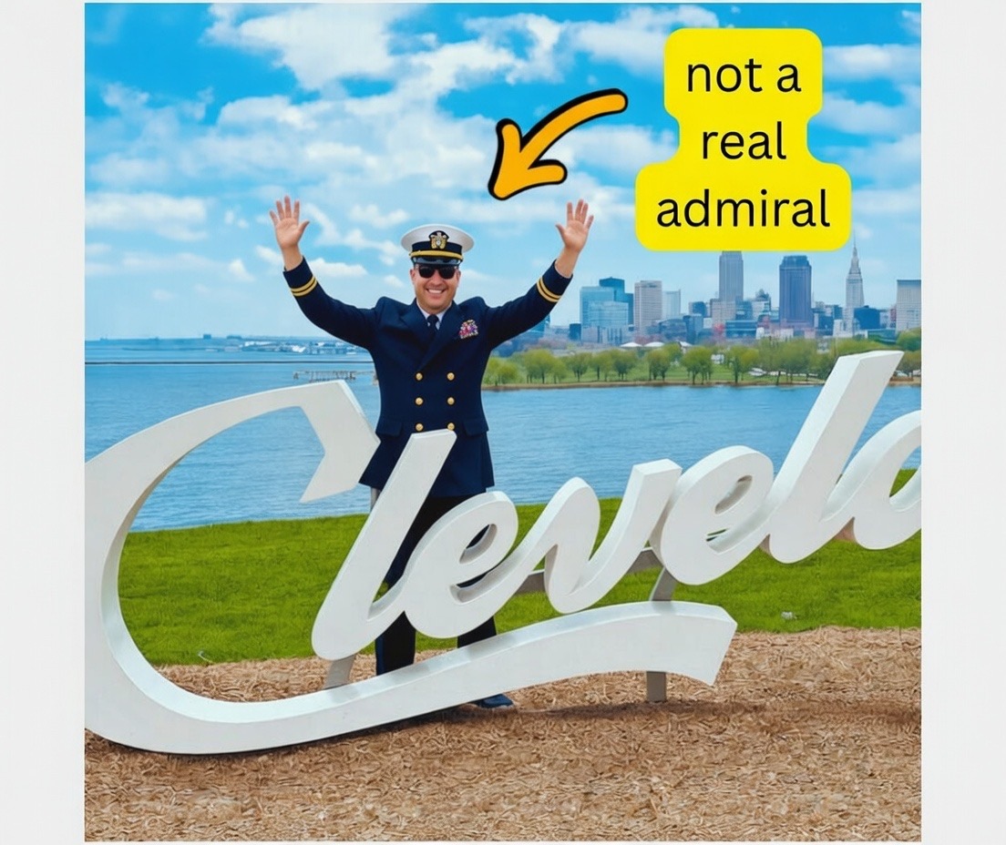 Admiral Jim in naval dress uniform by the Cleveland sign, with a speech bubble reading not a real admiral