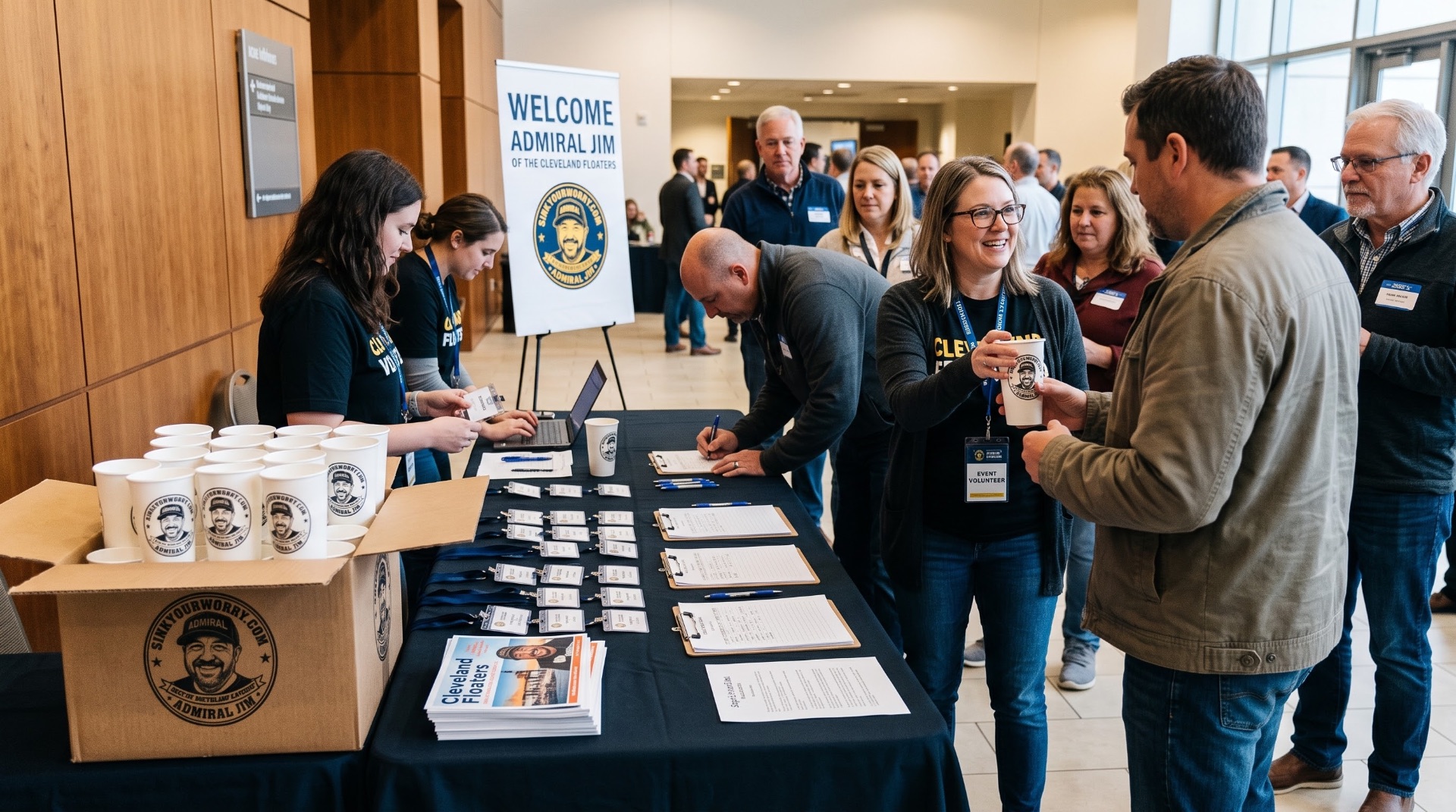Illustration of conference guests at a check-in table with Sink Your Worry branded cups beside a WELCOME ADMIRAL JIM sign