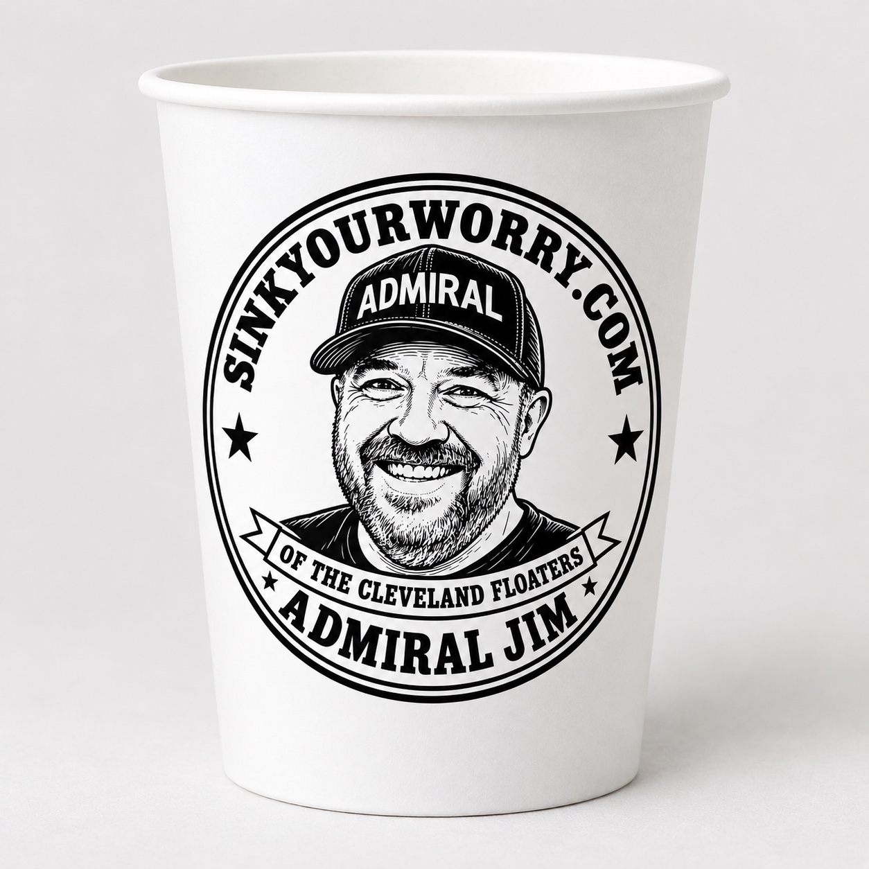 Illustration of a white paper cup printed with a black and white seal reading SinkYourWorry.com, Admiral Jim of the Cleveland Floaters, around a drawing of Jim in an ADMIRAL cap