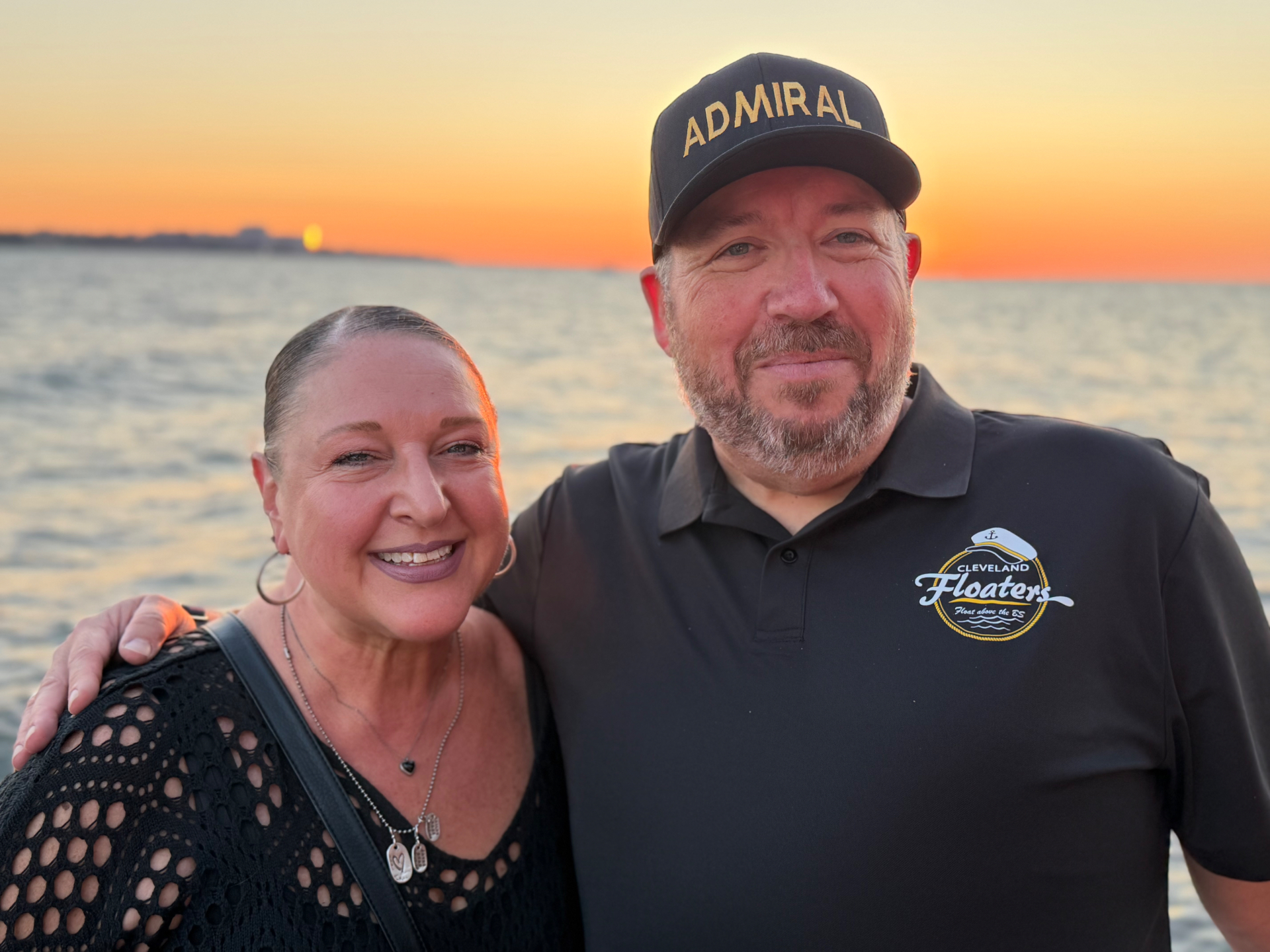 Admiral Jim in his Admiral cap at sunset on Lake Erie
